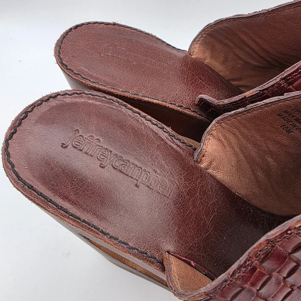 Jeffrey Campbell Comeback Woven Leather Platform Wedge Mules Cognac Brown 10M